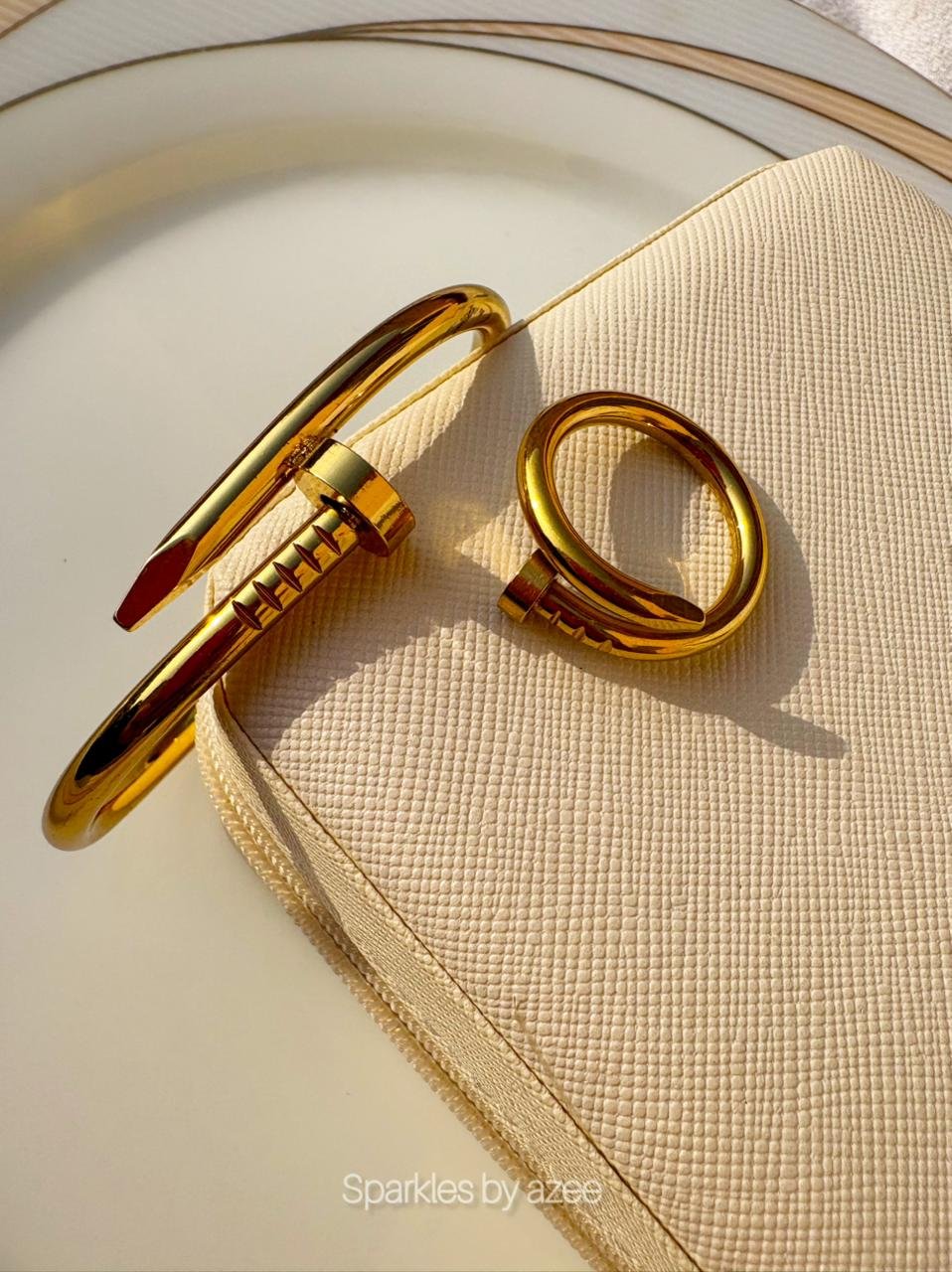 Set of Nail Bracelet and Nail Ring - (18K Gold Plated)